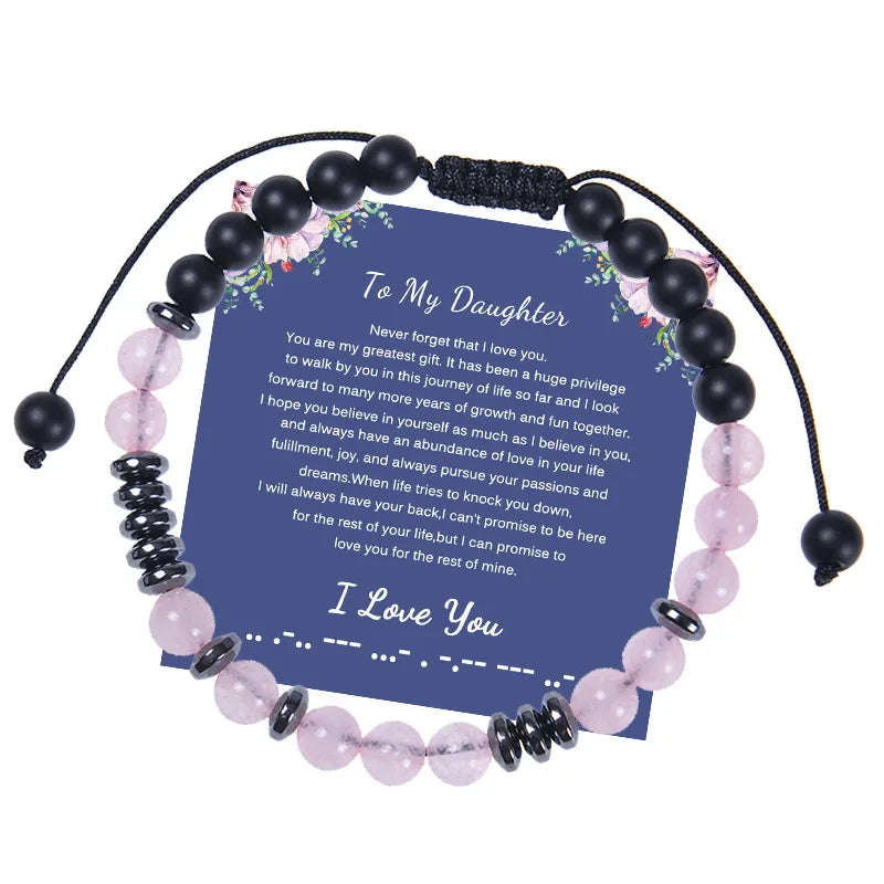 6MM Woven Elastic String Pink Crystal Black Matte Morse Code Beaded Bracelet