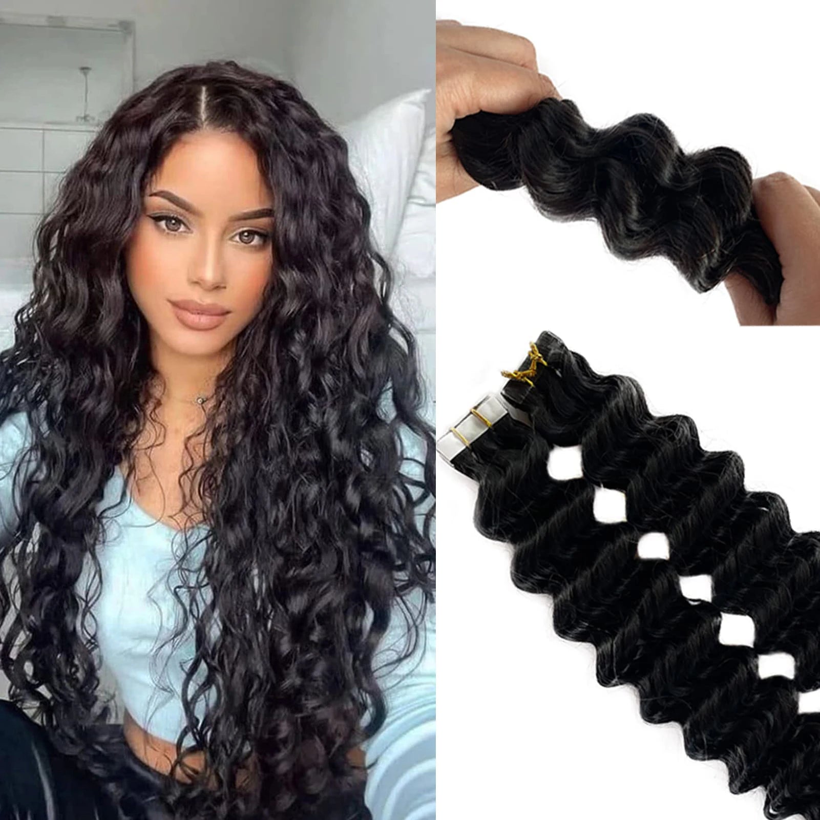 Tape In Human Hair Extensions Curly 100% Real Human Hair Extensions 26Inch Deep Wave 20st/pack