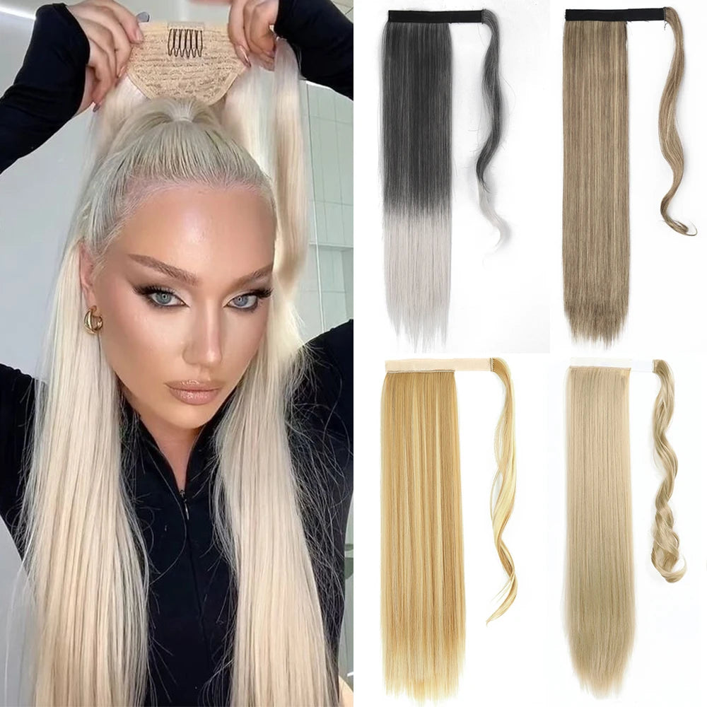 85cm Synthetic Lång Rak Wrap Around Ponytail Clip In Hair Extension