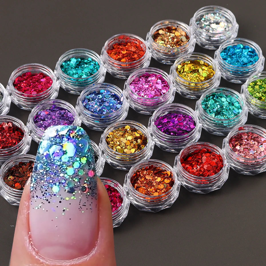 24 Colors Iridescent Nail Art Glitter Sequins Set Holographic