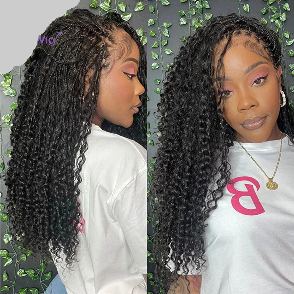 Human Hair Knotless Braided Wig Bohemian Full Lace 300% High Density Pre Plucked With Baby Hair Box Braids Wigs