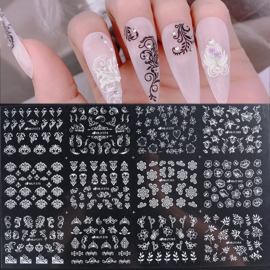 12 Design 3D Nail Stickers Dekaler Vita Svarta Spetsblommor