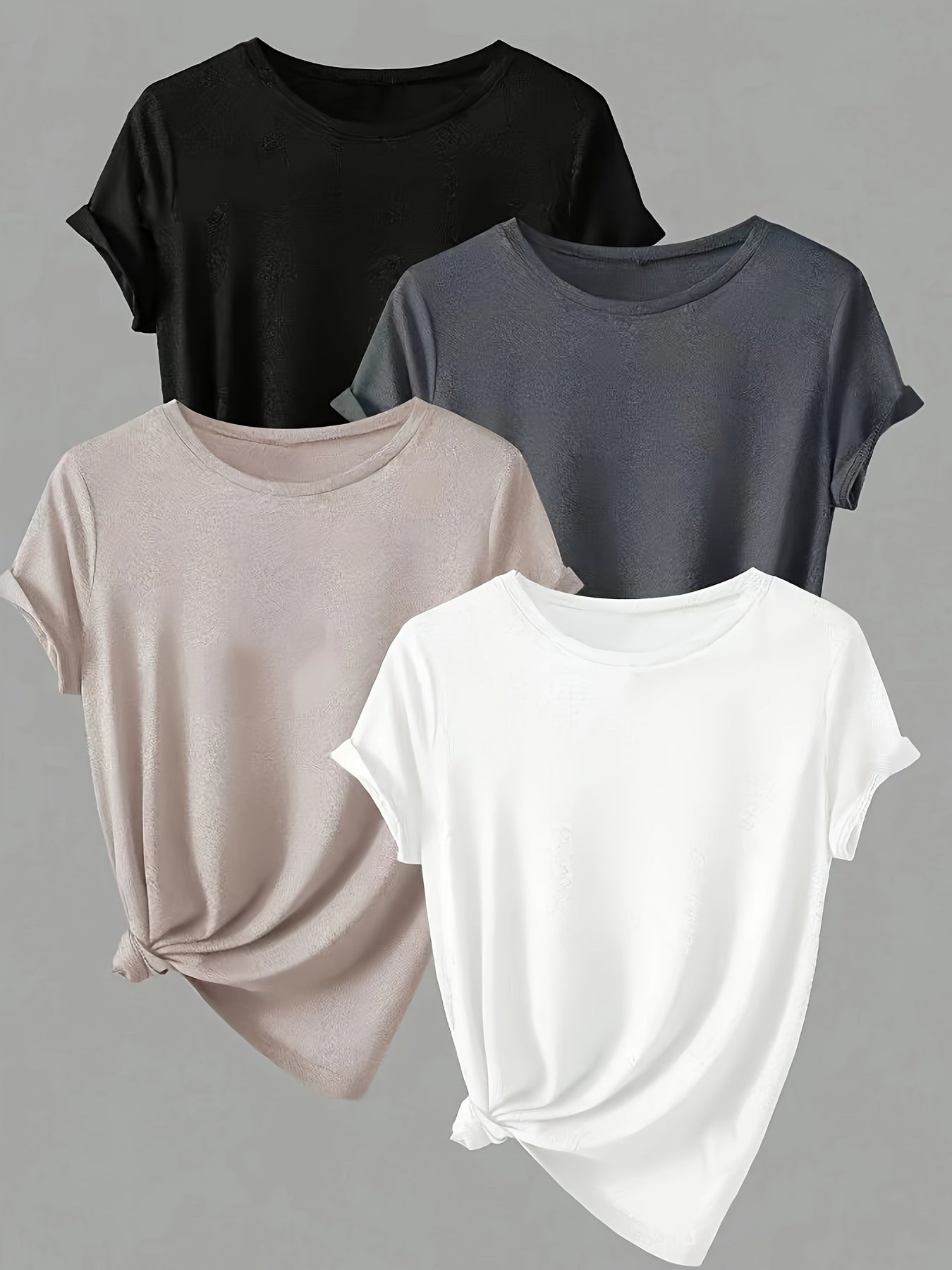 4st Enfärgat Basic Set med Rundhalsad T-Shirt och Korta Ärmar